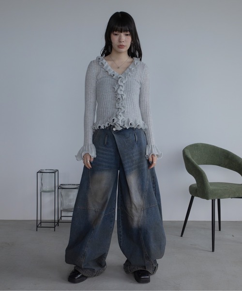 Ground Y ワイドデニムパンツ　ラップパンツ ラップライク裾デザインワイドデニム（デニムパンツ）｜VACANCY