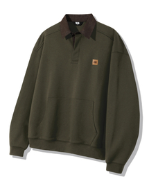 Leather Patch Denim Collar Rugby Man-to-Man_Khaki