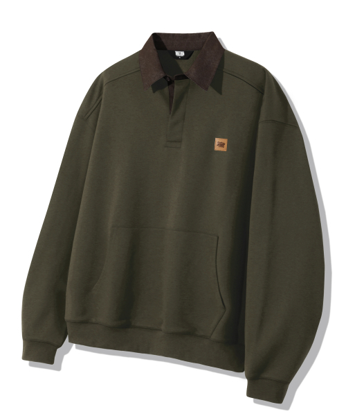 TRILLION(トリリオン)の「Leather Patch Denim Collar Rugby Man-to-Man_Khaki(スウェット・レディース・その他・X-LARGE/LARGE/MEDIUM)」の1枚目の写真