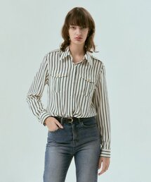 Epaulet stripe silky shirts (IVORY STRIPE)