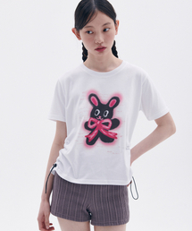 ambler（エムブラー）の「Rabbit with ribbon graphic string crop short sleeve t-shirt ACR602 (white)（Tシャツ/カットソー）」