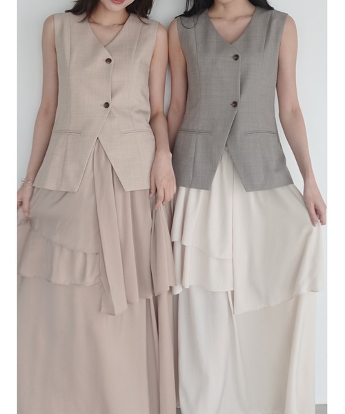LAGUNAMOON（ラグナムーン）の「ティアードスカートドッキングベストワンピース【セットアップ対応】【夏服】【オフィスカジュアル】（ワンピース・レディース・ベージュ/グレー/ブラック/ピンク・MEDIUM/SMALL）」の8枚目の写真