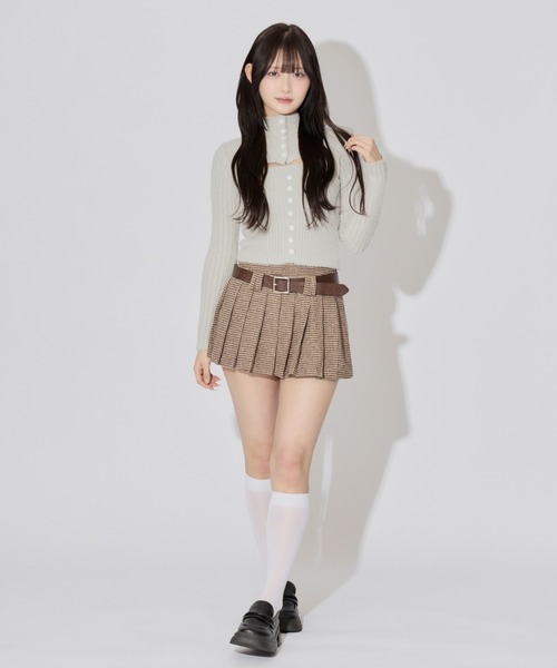 ALLuRing ChaRm(アリュリングチャーム)の「Houndstooth Check Pleated Mini Skirt / 千鳥格子チェックプリーツミニスカート ベルト付き(スカート・レディース・ホワイト×ブラック/ブラウン・S/M)」の14枚目の写真