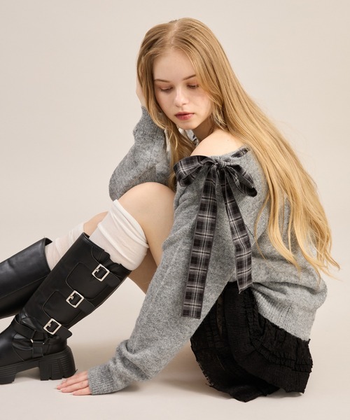 apres jour mignon（アプレジュールミニョン）の「2WAYリボンニットプルオーバー（ニット/セーター・レディース・ネイビー/グレー/ライトグレー・LARGE/フリー）」の17枚目の写真