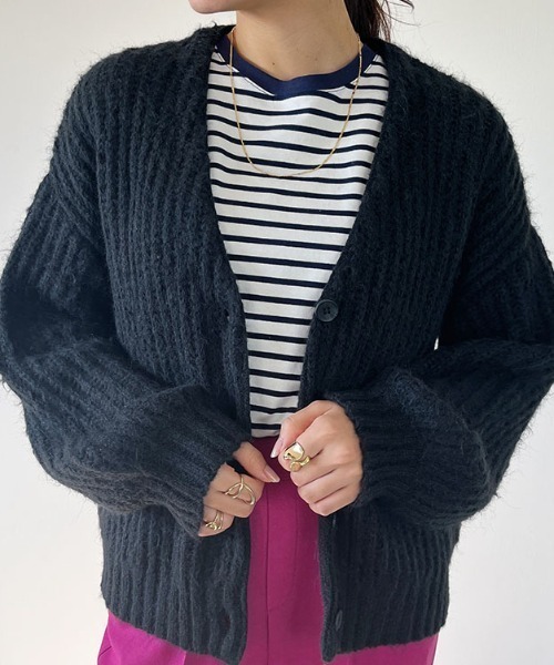 Mac-House(マックハウス)の「畦編みVネックパフスリーブカーディガン(カーディガン/ボレロ・レディース・ブラック/ホワイト/グリーン/イエロー・FREE)」の10枚目の写真