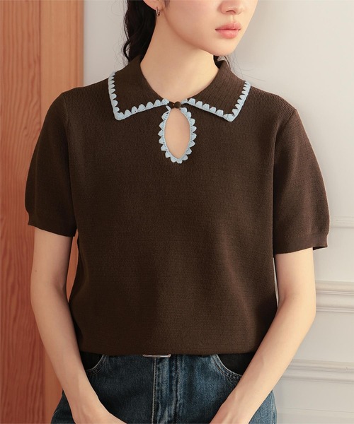 miette(ミエット)の「配色ステッチ涙あきポロニット(ニット/セーター・レディース・ブラウン/ベージュ/ブラック・M/S/L)」の15枚目の写真