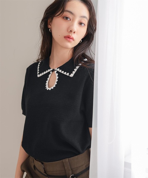 miette(ミエット)の「配色ステッチ涙あきポロニット(ニット/セーター・レディース・ブラウン/ベージュ/ブラック・M/S/L)」の13枚目の写真