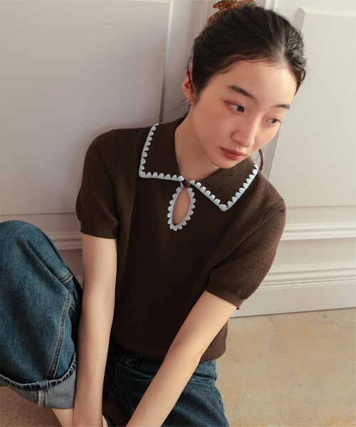 miette(ミエット)の「配色ステッチ涙あきポロニット(ニット/セーター・レディース・ブラウン/ベージュ/ブラック・M/S/L)」の5枚目の写真