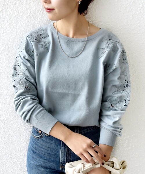 WEB限定】〈手洗い可能〉ショルダー レース コンビ ニット プル