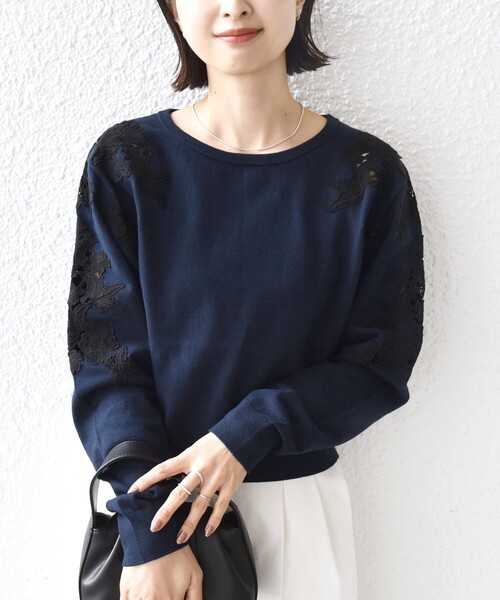 WEB限定】〈手洗い可能〉ショルダー レース コンビ ニット プル