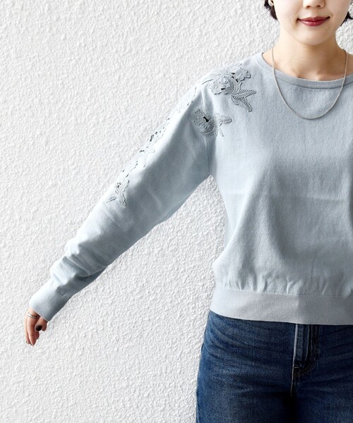 WEB限定】〈手洗い可能〉ショルダー レース コンビ ニット プル