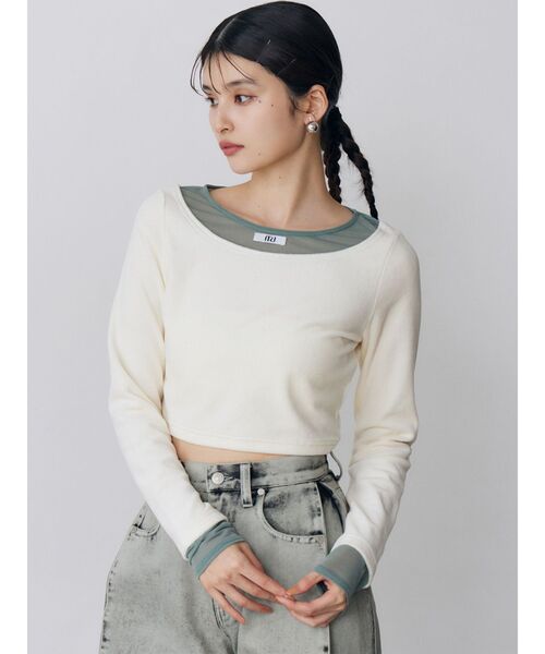 MURUA（ムルーア）の「シアードッキングベロアトップス（Tシャツ/カットソー・レディース・ブラック/アイボリー/グレー・FREE）」の13枚目の写真