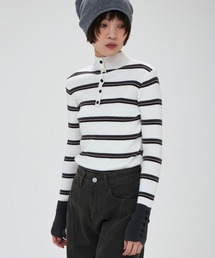 front button border knit tops / フロントボタンボーダーニットトップス