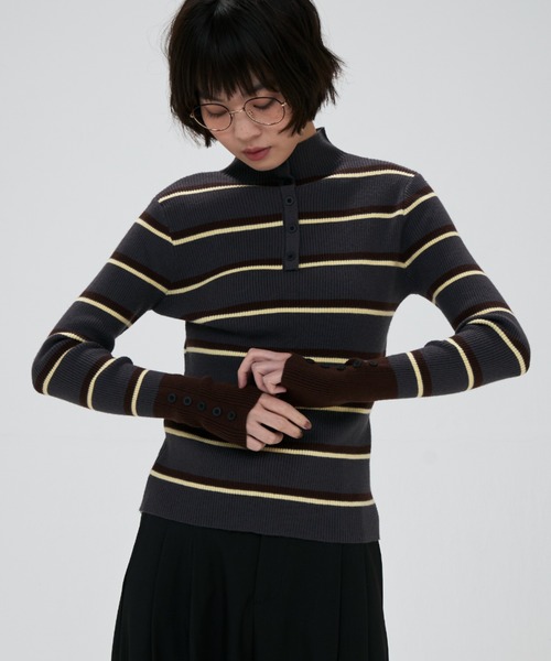 full/fill.(フルフィル)の「front button border knit tops / フロントボタンボーダーニットトップス(ニット/セーター・レディース・グレー/ホワイト・FREE)」の3枚目の写真