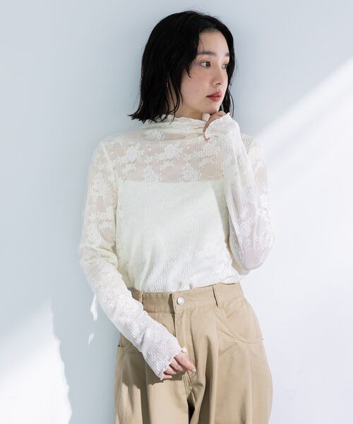 Green Parks(グリーンパークス)の「プリーツレースハイネックプルオーバー(Tシャツ/カットソー・レディース・ブラック/ホワイト系その他2・FREE)」の3枚目の写真