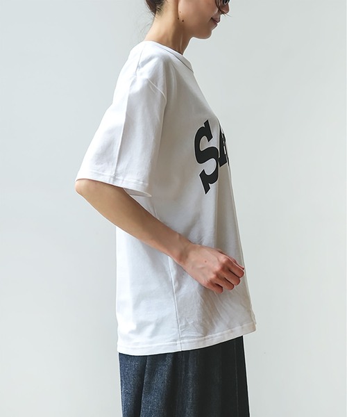 SOLAMONAT（ソラモナ）の「サラリト天竺　プリントT SARA（Tシャツ/カットソー・レディース・ホワイト×ブラック/ブラック/ホワイト×レッド/グリーン/ネイビー・FREE）」の14枚目の写真
