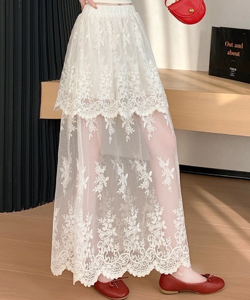 Ritzy(リッツィー)の「2重フラワーレースシアーロングスカート(スカート・レディース・ホワイト/アイボリー/ブラック・L/M)」の4枚目の写真