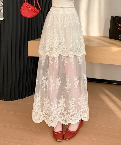 Ritzy(リッツィー)の「2重フラワーレースシアーロングスカート(スカート・レディース・ホワイト/アイボリー/ブラック・L/M)」の7枚目の写真