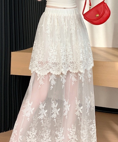 Ritzy(リッツィー)の「2重フラワーレースシアーロングスカート(スカート・レディース・ホワイト/アイボリー/ブラック・L/M)」の10枚目の写真