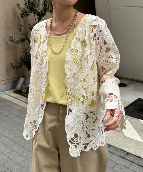 DouDou（ドゥドゥ）の「コットンレースカーディガン（シャツ/ブラウス・レディース・モカ/アイボリー/ブラック・FREE）」の2枚目の写真