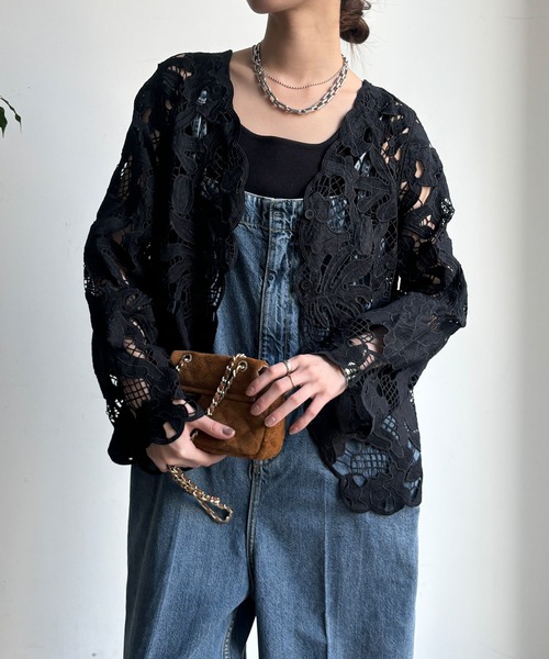 DouDou（ドゥドゥ）の「コットンレースカーディガン（シャツ/ブラウス・レディース・モカ/アイボリー/ブラック・FREE）」の3枚目の写真