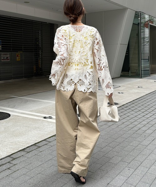 DouDou（ドゥドゥ）の「コットンレースカーディガン（シャツ/ブラウス・レディース・モカ/アイボリー/ブラック・FREE）」の8枚目の写真