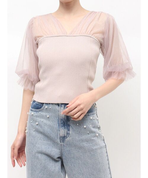 MERCURYDUO（マーキュリーデュオ）の「チュールギャザー使いニット（ニット/セーター・レディース・ベビーピンク/ブラック/オフホワイト・FREE）」の3枚目の写真