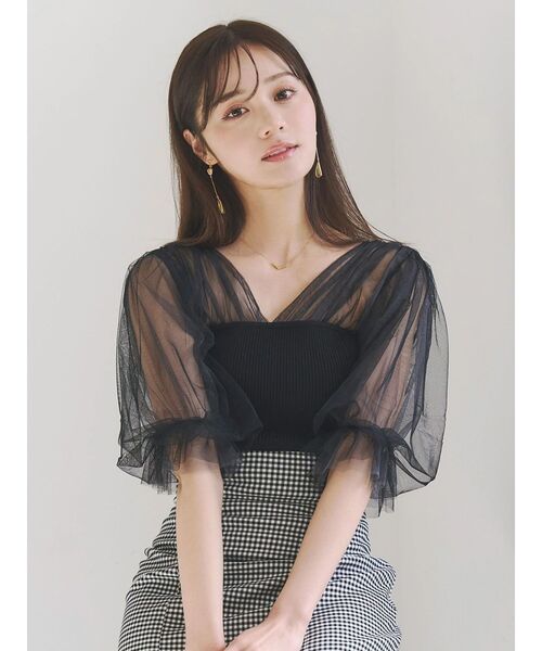 MERCURYDUO（マーキュリーデュオ）の「チュールギャザー使いニット（ニット/セーター・レディース・ベビーピンク/ブラック/オフホワイト・FREE）」の4枚目の写真