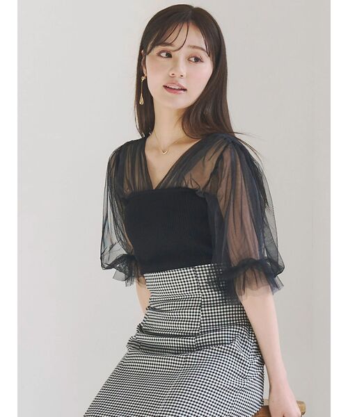 MERCURYDUO（マーキュリーデュオ）の「チュールギャザー使いニット（ニット/セーター・レディース・ベビーピンク/ブラック/オフホワイト・FREE）」の5枚目の写真