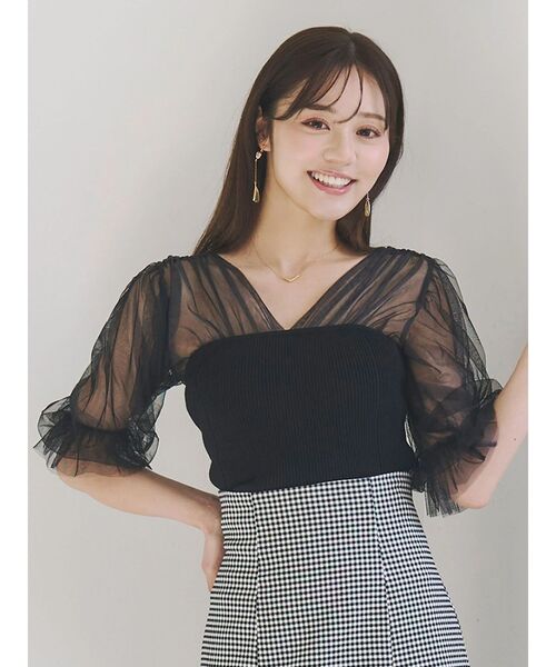 MERCURYDUO（マーキュリーデュオ）の「チュールギャザー使いニット（ニット/セーター・レディース・ベビーピンク/ブラック/オフホワイト・FREE）」の6枚目の写真