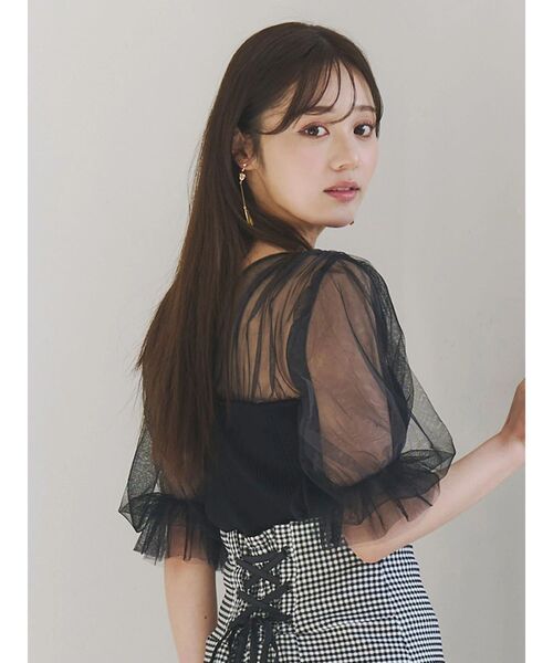 MERCURYDUO（マーキュリーデュオ）の「チュールギャザー使いニット（ニット/セーター・レディース・ベビーピンク/ブラック/オフホワイト・FREE）」の7枚目の写真