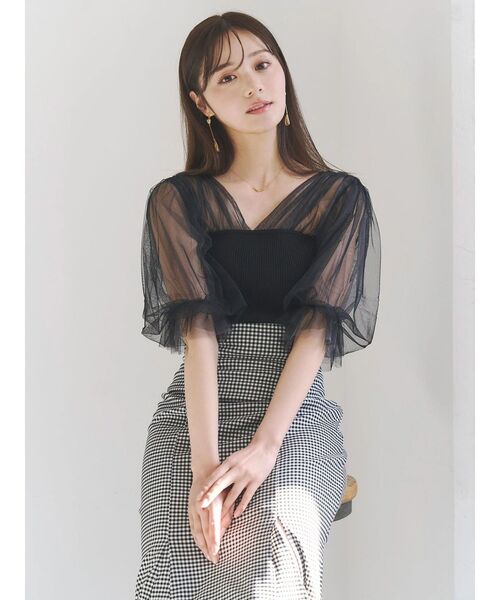 MERCURYDUO（マーキュリーデュオ）の「チュールギャザー使いニット（ニット/セーター・レディース・ベビーピンク/ブラック/オフホワイト・FREE）」の8枚目の写真