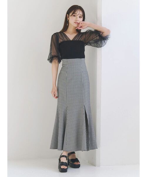 MERCURYDUO（マーキュリーデュオ）の「チュールギャザー使いニット（ニット/セーター・レディース・ベビーピンク/ブラック/オフホワイト・FREE）」の9枚目の写真