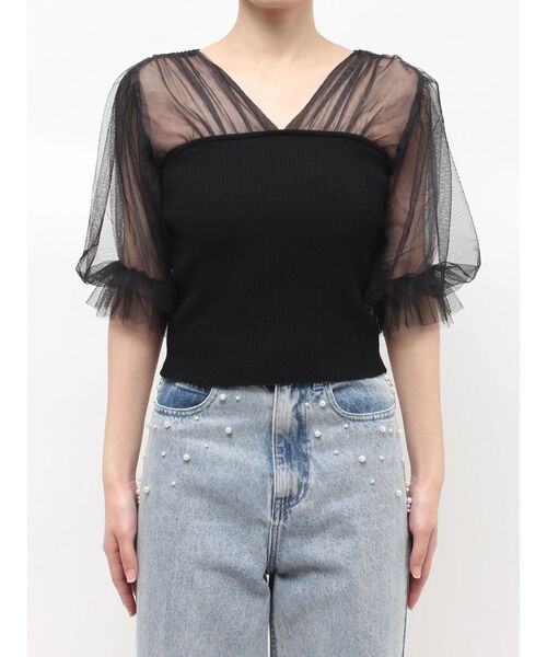 MERCURYDUO（マーキュリーデュオ）の「チュールギャザー使いニット（ニット/セーター・レディース・ベビーピンク/ブラック/オフホワイト・FREE）」の16枚目の写真