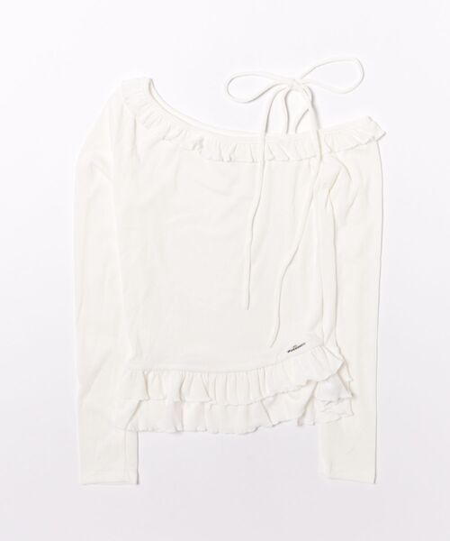 Sibra(シブラ)の「アシメネック肩見せ フリル&リボン長袖Tシャツ(Tシャツ/カットソー・レディース・ホワイト/ピンク/ブルー/グレー・M)」の2枚目の写真
