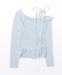 アシメネック肩見せ フリル&リボン長袖Tシャツ