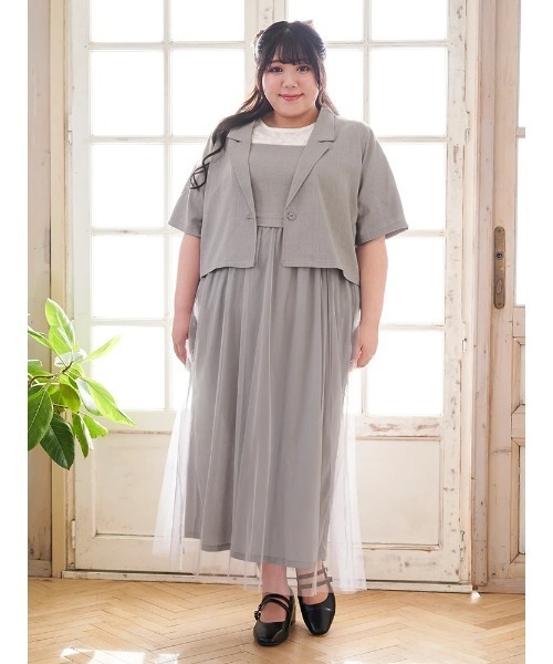 Re-J&SUPURE（リジェイアンドスプル）の「【大きいサイズ】【Kannaコラボ】[SET]ジャケット×チュールジャンスカアンサンブル（ワンピース・レディース・ライトグレー/ブラック・XXX-LARGE/XX-LARGE/XXXX-LARGE）」の2枚目の写真