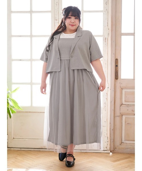 Re-J&SUPURE（リジェイアンドスプル）の「【大きいサイズ】【Kannaコラボ】[SET]ジャケット×チュールジャンスカアンサンブル（ワンピース・レディース・ライトグレー/ブラック・XXX-LARGE/XX-LARGE/XXXX-LARGE）」の11枚目の写真