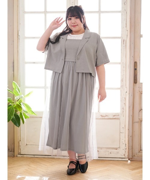 Re-J&SUPURE（リジェイアンドスプル）の「【大きいサイズ】【Kannaコラボ】[SET]ジャケット×チュールジャンスカアンサンブル（ワンピース・レディース・ライトグレー/ブラック・XXX-LARGE/XX-LARGE/XXXX-LARGE）」の12枚目の写真