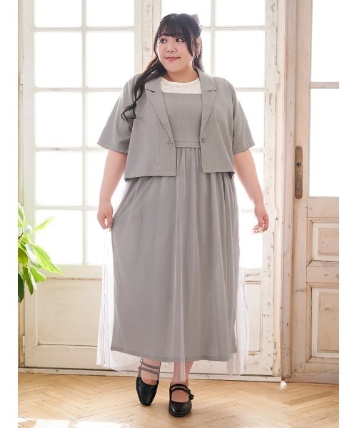 Re-J&SUPURE（リジェイアンドスプル）の「【大きいサイズ】【Kannaコラボ】[SET]ジャケット×チュールジャンスカアンサンブル（ワンピース・レディース・ライトグレー/ブラック・XXX-LARGE/XX-LARGE/XXXX-LARGE）」の13枚目の写真