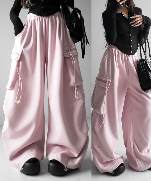 me+em select(ミームセレクト)の「【 3color /裾絞り可能2WAY 】ドローコードタックワイドカーゴスウェットパンツ / drawcord tuck wide cargo sweatpants(スウェットパンツ・レディース・ピンク/ブラック/グレー・FREE)」の7枚目の写真