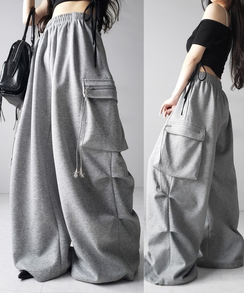 me+em select(ミームセレクト)の「【 3color /裾絞り可能2WAY 】ドローコードタックワイドカーゴスウェットパンツ / drawcord tuck wide cargo sweatpants(スウェットパンツ・レディース・ピンク/ブラック/グレー・FREE)」の6枚目の写真
