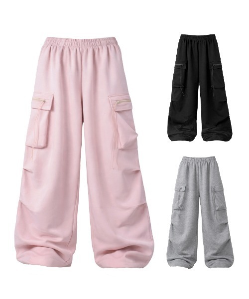 me+em select(ミームセレクト)の「【 3color /裾絞り可能2WAY 】ドローコードタックワイドカーゴスウェットパンツ / drawcord tuck wide cargo sweatpants(スウェットパンツ・レディース・ピンク/ブラック/グレー・FREE)」の4枚目の写真
