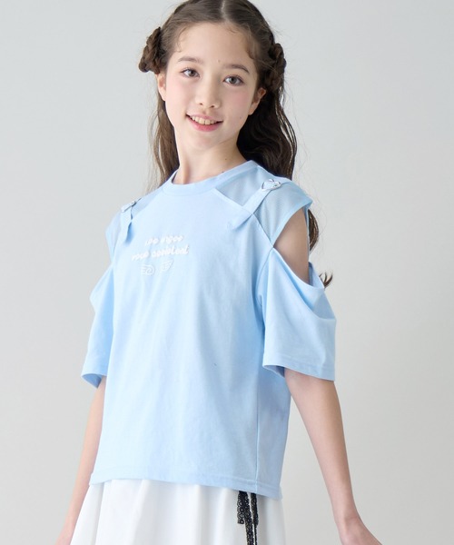 Amourire girl(アムリールガール)の「ハートベルトオープンショルダーメッシュ 半袖 Tシャツ/カットソー(Tシャツ/カットソー・キッズ・ホワイト/ブラック/サックスブルー・160cm/150cm/140cm/130cm)」の3枚目の写真
