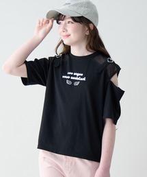 Amourire girl（アムリールガール）の「ハートベルトオープンショルダーメッシュ 半袖 Tシャツ/カットソー（Tシャツ/カットソー）」