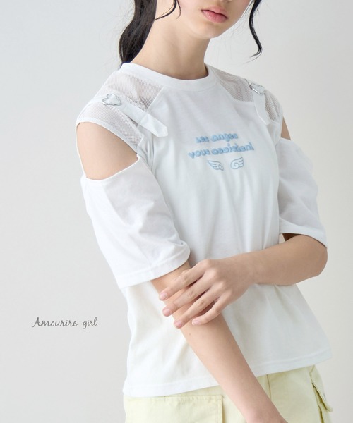 Amourire girl(アムリールガール)の「ハートベルトオープンショルダーメッシュ 半袖 Tシャツ/カットソー(Tシャツ/カットソー・キッズ・ホワイト/ブラック/サックスブルー・160cm/150cm/140cm/130cm)」の21枚目の写真
