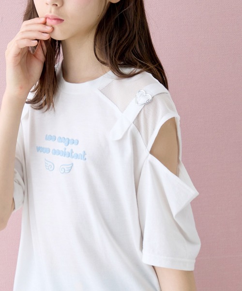Amourire girl(アムリールガール)の「ハートベルトオープンショルダーメッシュ 半袖 Tシャツ/カットソー(Tシャツ/カットソー・キッズ・ホワイト/ブラック/サックスブルー・160cm/150cm/140cm/130cm)」の17枚目の写真