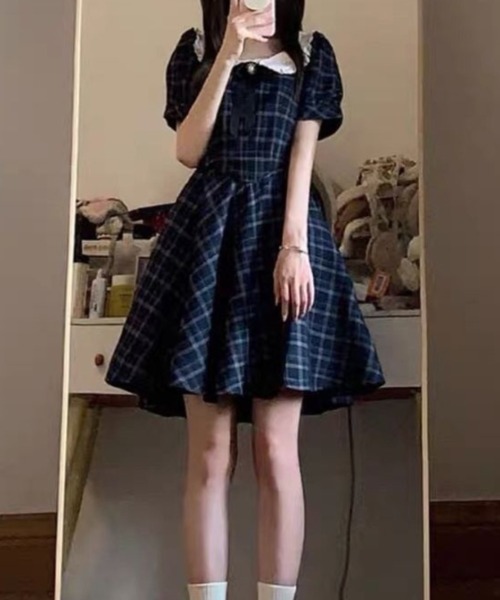 lulufa(ルルファ)の「フロントリボンチェックミニワンピース(ワンピース・レディース・ネイビー系・FREE)」の16枚目の写真