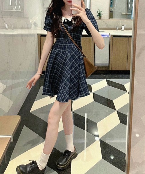 lulufa(ルルファ)の「フロントリボンチェックミニワンピース(ワンピース・レディース・ネイビー系・FREE)」の13枚目の写真