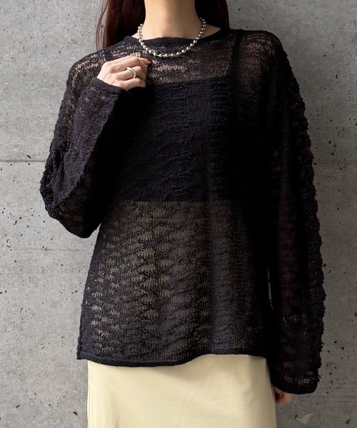 CIEL'AIR(シエルエアー)の「OPEN-KNIT CREW NECK SWEATER(スカシアミクルーネックセーター)(ニット/セーター・レディース・ブラック/アイボリー/ミント・FREE)」の2枚目の写真